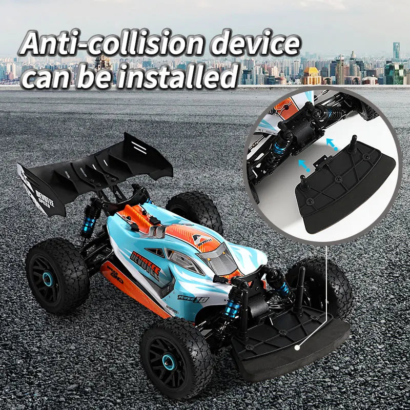 High speed 4WD RC cars showing an anti-collision device that can be installed for enhanced durability and protection.
