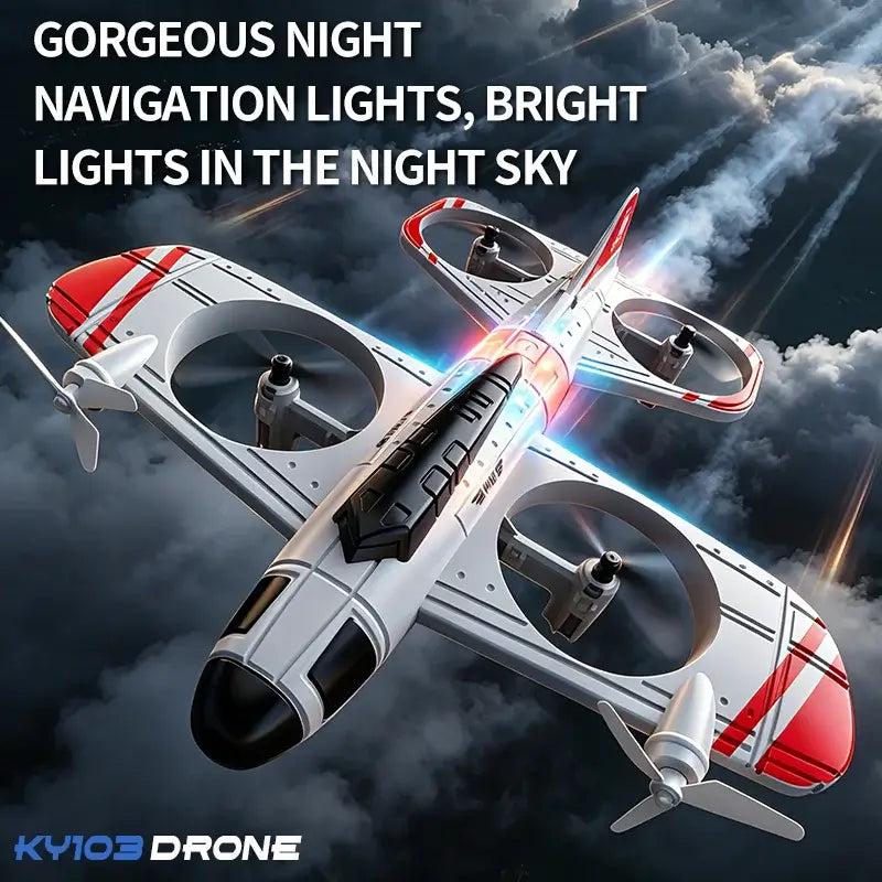 RC Airplane 2.4G Radio Remote Control soaring through the night sky with bright navigation lights.