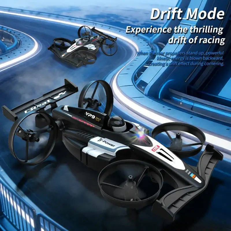RC Flying Drift Cars Professional showcases drift mode for thrilling race experiences on ground and in the air.