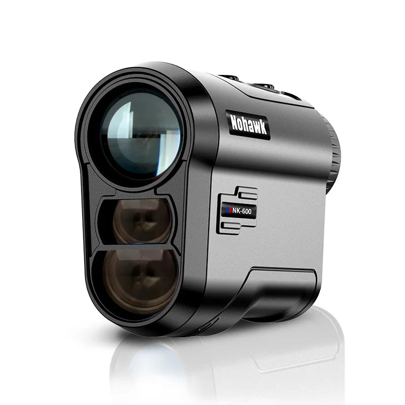 Golf laser rangefinder with slope compensation, USB rechargeable, featuring dual lenses and compact design.