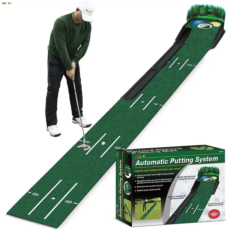 Golf Putting Green mat for indoors with automatic ball return, featuring a golfer practicing putting.