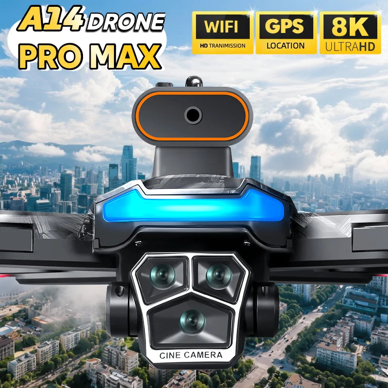 A14 Pro Max GPS drone with three cameras, 8K video, and GPS features flying over a city skyline.