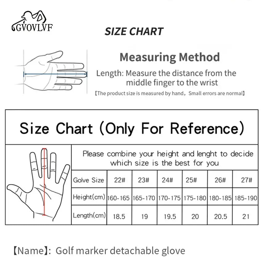 Size chart for Golf Gloves Men's Leather White, detailing measuring method and glove sizes.