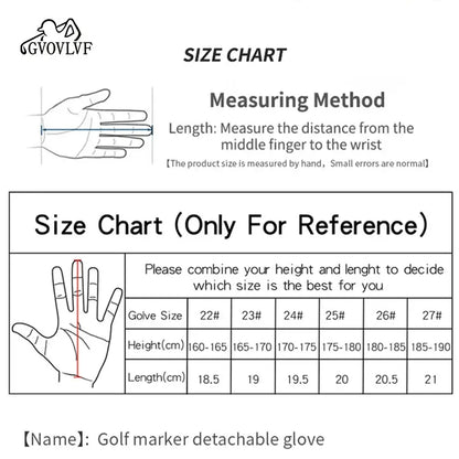 Size chart for Golf Gloves Men's Leather White, detailing measuring method and glove sizes.