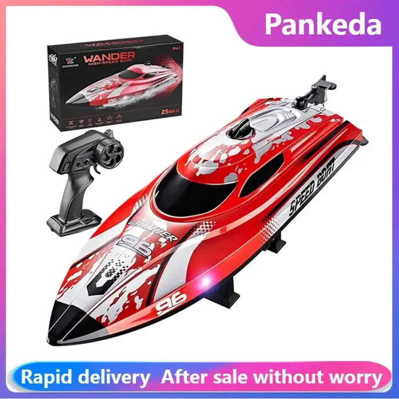 HJ820 RC Battery Boat 2.4Ghz 25km/h High-Speed Remote ControlExperience precision control on the water with the HJ820 RC Battery Boat, engineered for high-speed performance. This 2.4GHz remote control boat delivers impressive 25km/h speeds, making it idea