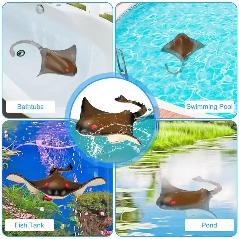 Rc Boat 2.4G Remote Control Manta Ray robot toy displayed in various water settings: bathtub, swimming pool, fish tank, and pond.