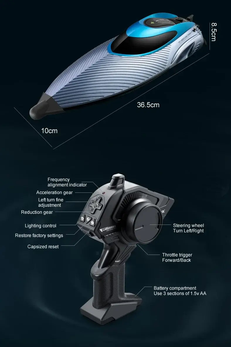 S3 Remote Control Boat displayed with controller highlighting features and dimensions.