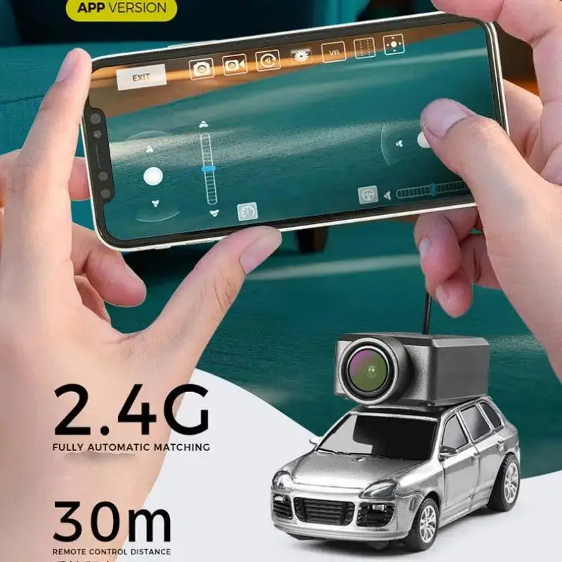 Person controlling an FPV RC Car HD Camera via smartphone, showcasing remote control features and design.