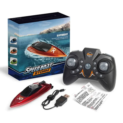 RC Boat 2.4Ghz 25kmh high-speed remote control racing ship with controller and packaging.