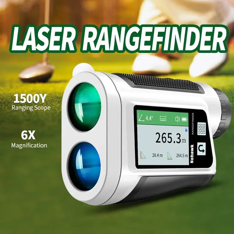 Golf laser rangefinder with slope distance showing 1500Y ranging scope and 6X magnification on the display.