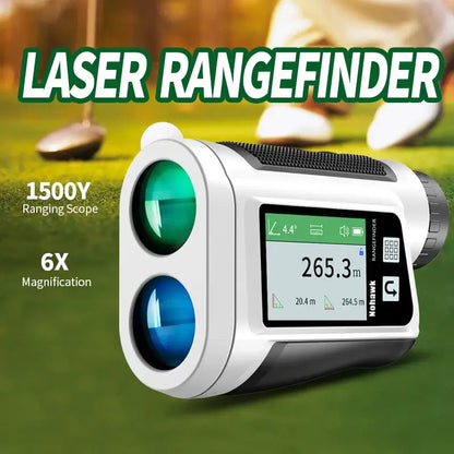 Golf laser rangefinder with slope distance showing 1500Y ranging scope and 6X magnification on the display.
