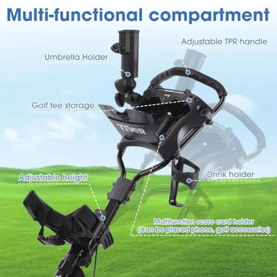 Multi-functional compartment of lightweight golf push cart with adjustable height, umbrella holder, and drink holder.