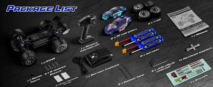 Lithium Battery RC Truck package list including truck, remote control, batteries, and accessories.