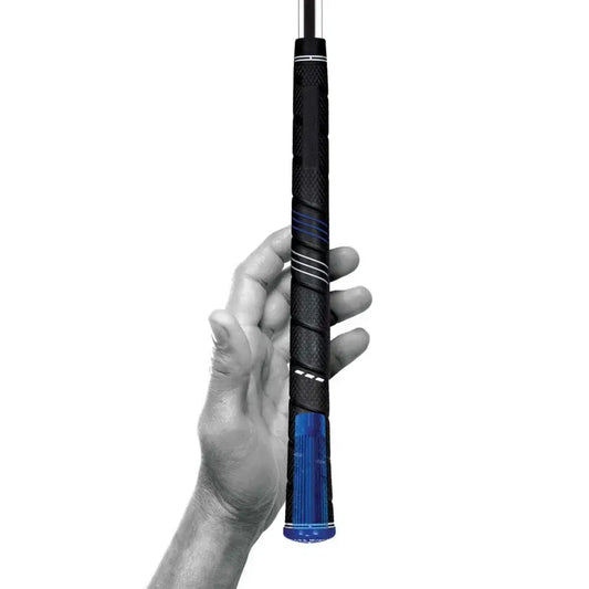 Close-up of hand holding natural rubber golf grips, showcasing black grip with blue accents for golf club.