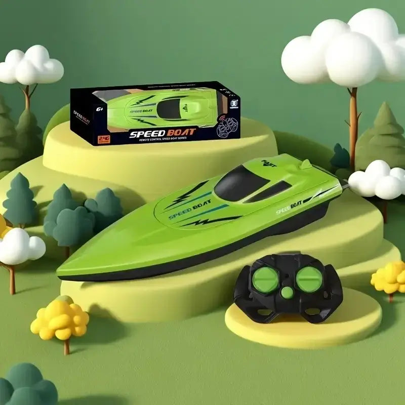 dual propeller remote control speedboat in vibrant green with controller and packaging.