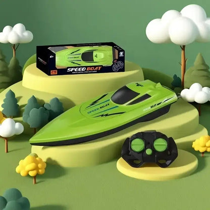 dual propeller remote control speedboat in vibrant green with controller and packaging.