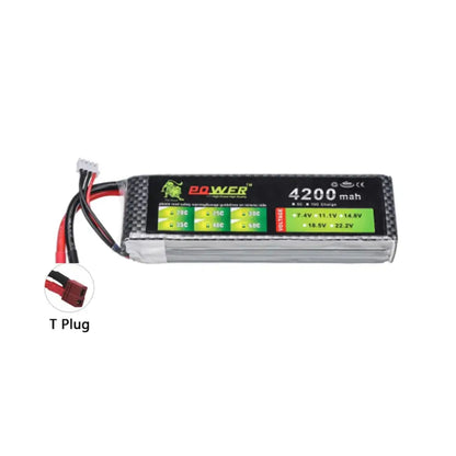 Lipo Battery 2S 3S 4S in various capacities including 1500mAh, 2200mAh, 4200mAh, and 5200mAh with T plug connector.