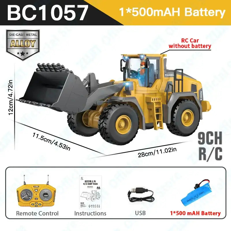 ZWN 2.4G Remote Control Excavator with detailed design and features, including remote control and battery specifications.