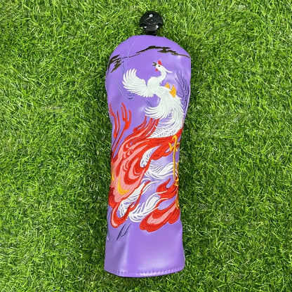 1pc Faux Leather Golf Club Head Cover with Phoenix Embroidery on a green grass background.