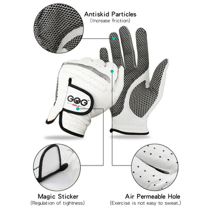 soft sheepskin golf gloves showcasing antiskid particles and air permeable holes for enhanced grip and comfort.