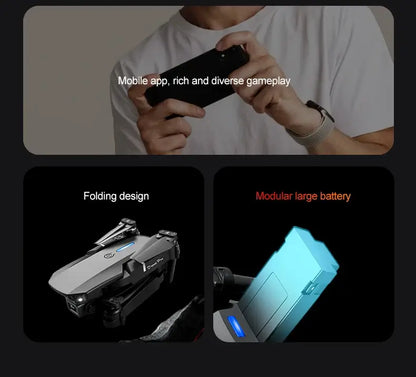 New E88 RC Drone features mobile app gameplay, folding design, and modular large battery for enhanced usability.