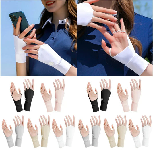 Women Protector Golf Gloves in various colors showcased on hands holding a phone and showing styles.