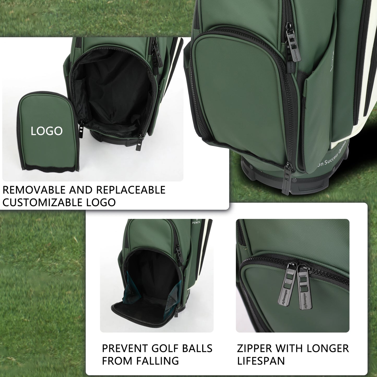 Lightweight Men Women Golf Bag features removable logo, secure pockets to prevent golf balls from falling, and durable zipper.