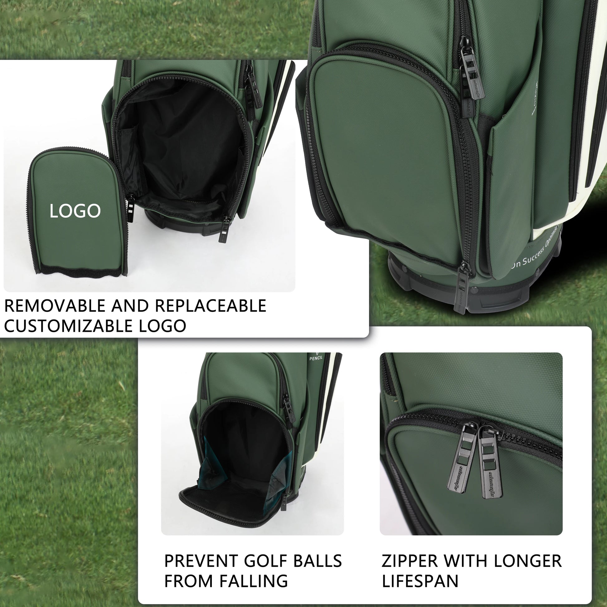 Lightweight Men Women Golf Bag features removable logo, secure pockets to prevent golf balls from falling, and durable zipper.