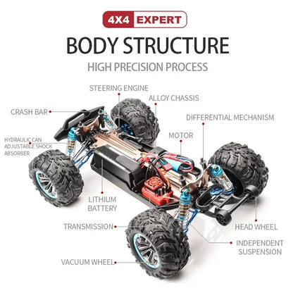 Body structure of 90kmh brushless rc racing car with high precision components like alloy chassis and adjustable shock absorbers.