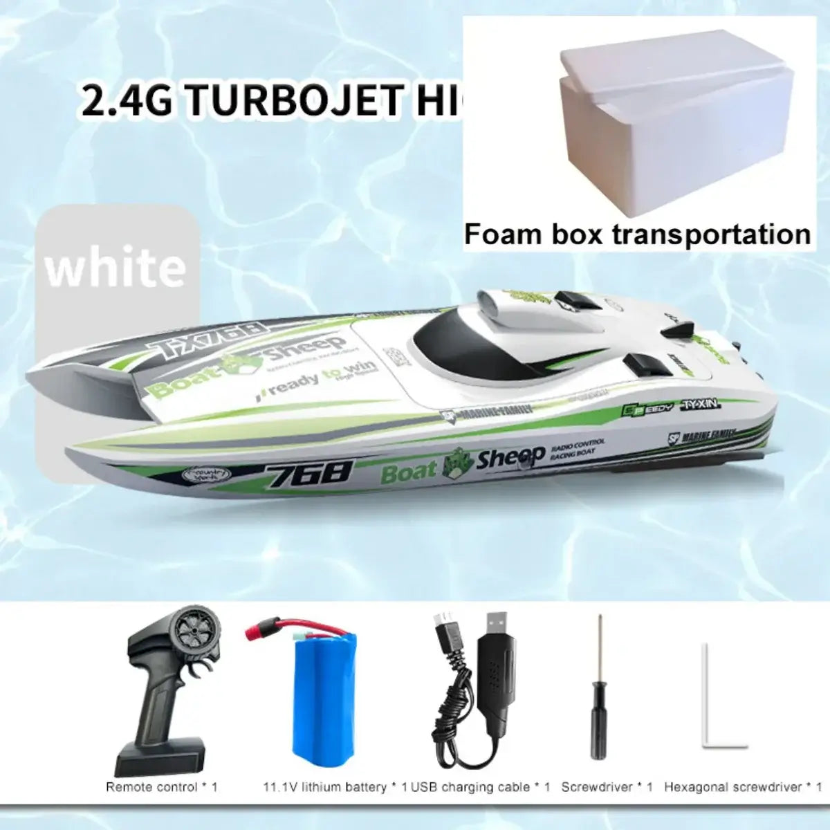 TX768 RC Boat with 2.4G Turbojet motor, foam box transportation and accessories displayed