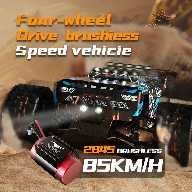 PRO 85KMH High Speed RC Car with four-wheel drive and brushless motor displayed on a rugged terrain.