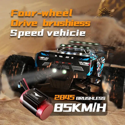 PRO 85KMH High Speed RC Car with four-wheel drive and brushless motor displayed on a rugged terrain.