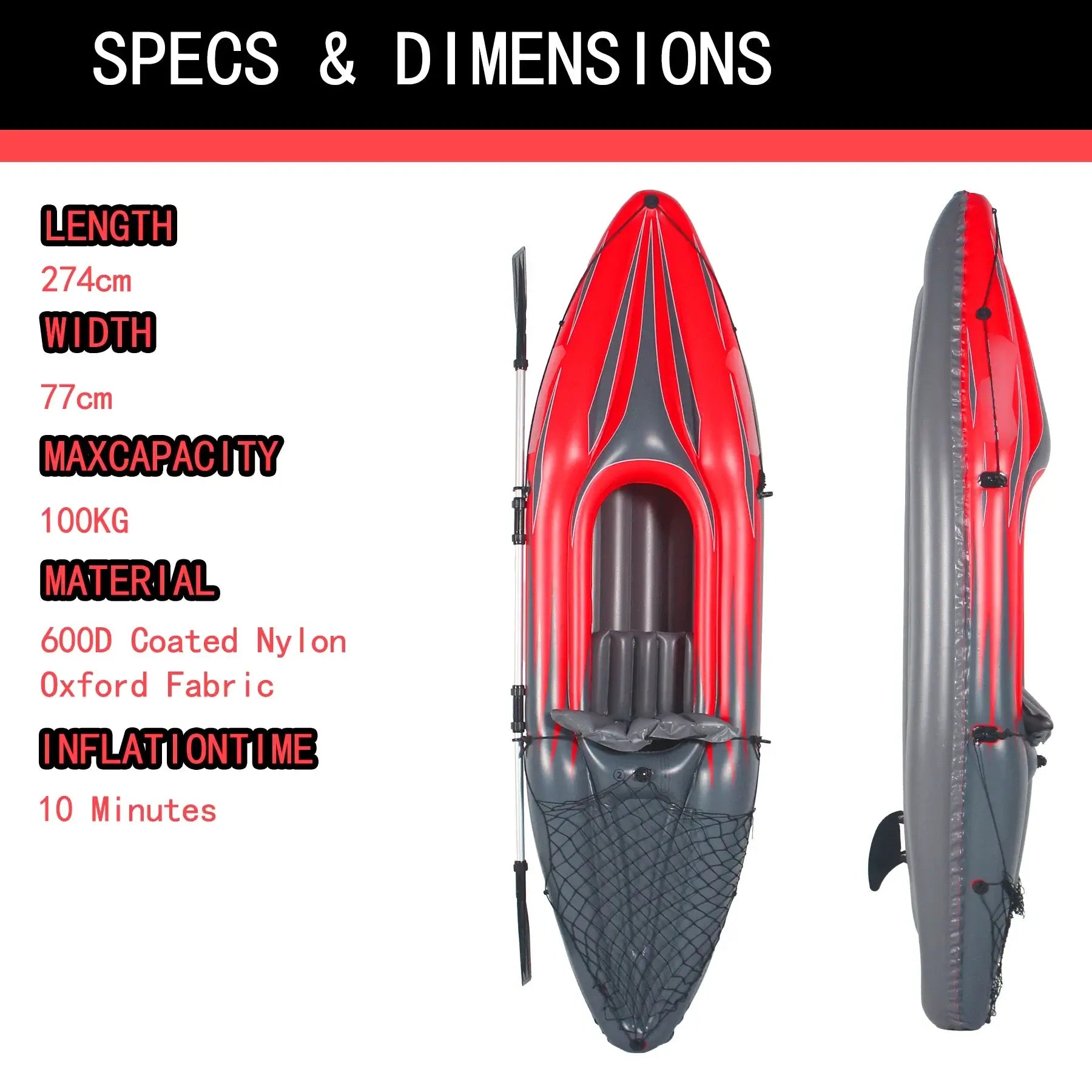 Inflatable Kayak Fishing Boat 1 Person Adult Red Canoe, with Paddles