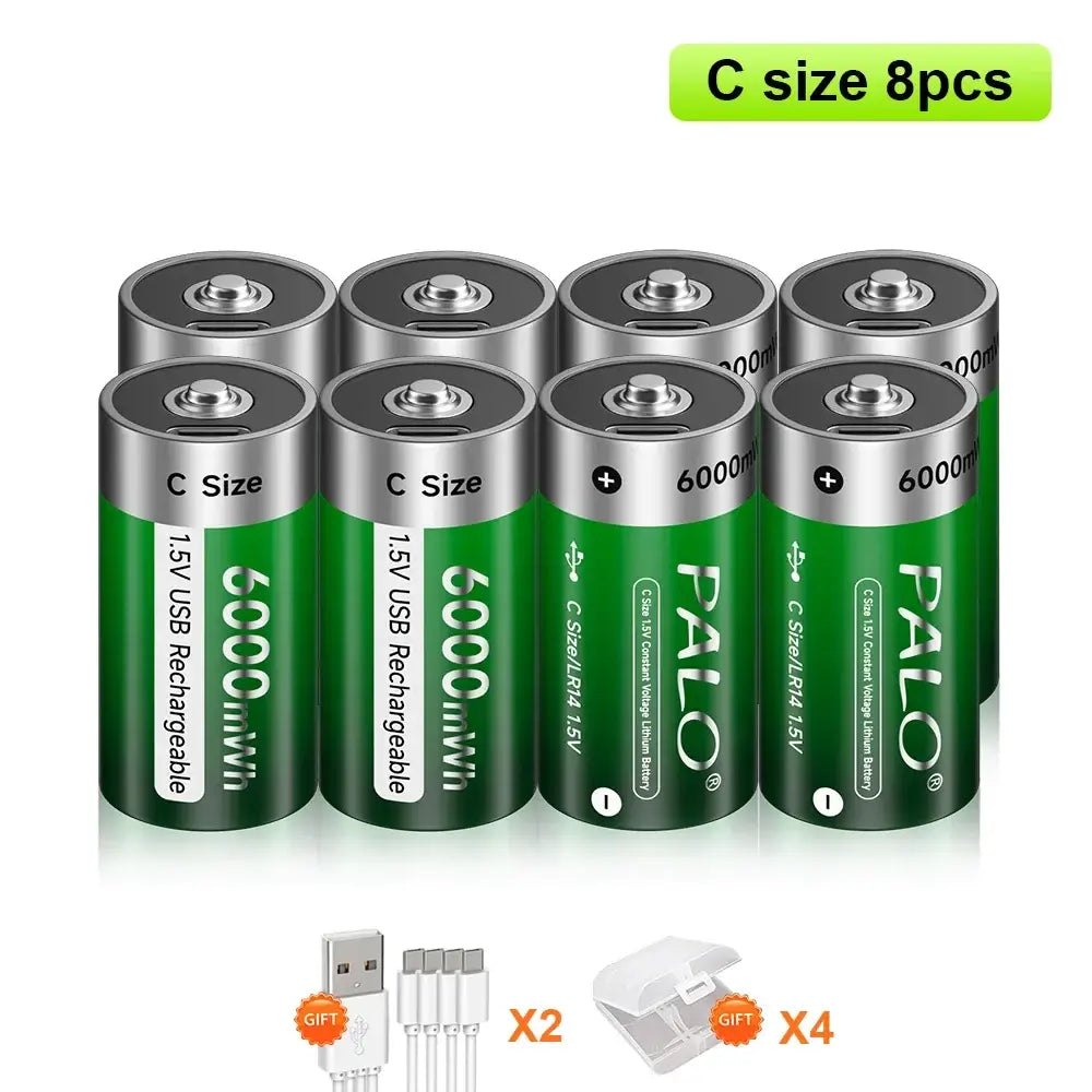 1.5V C Size Rechargeable Battery in green design showcasing USB charging capability.