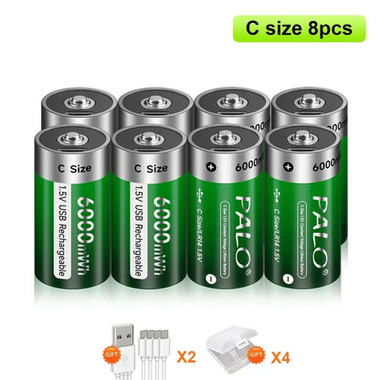 1.5V C Size Rechargeable Battery in green design showcasing USB charging capability.