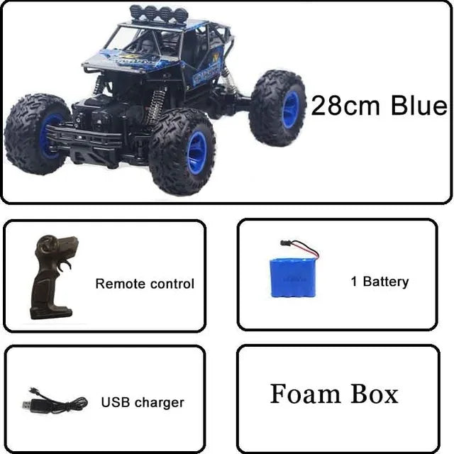 Remote control cars with LED lights 28cm blue model with remote, battery, USB charger, and foam box.