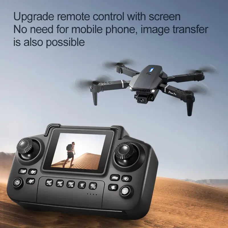 New E88 RC Drone with upgraded remote control that has a screen for easy operation and image transfer.