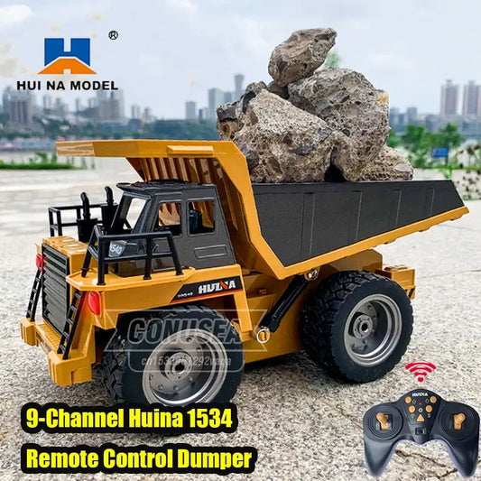 Huina 1534 Rc Truck Tractor with rocks in dump bed, 9-channel remote control dumper model by CONUSEA.