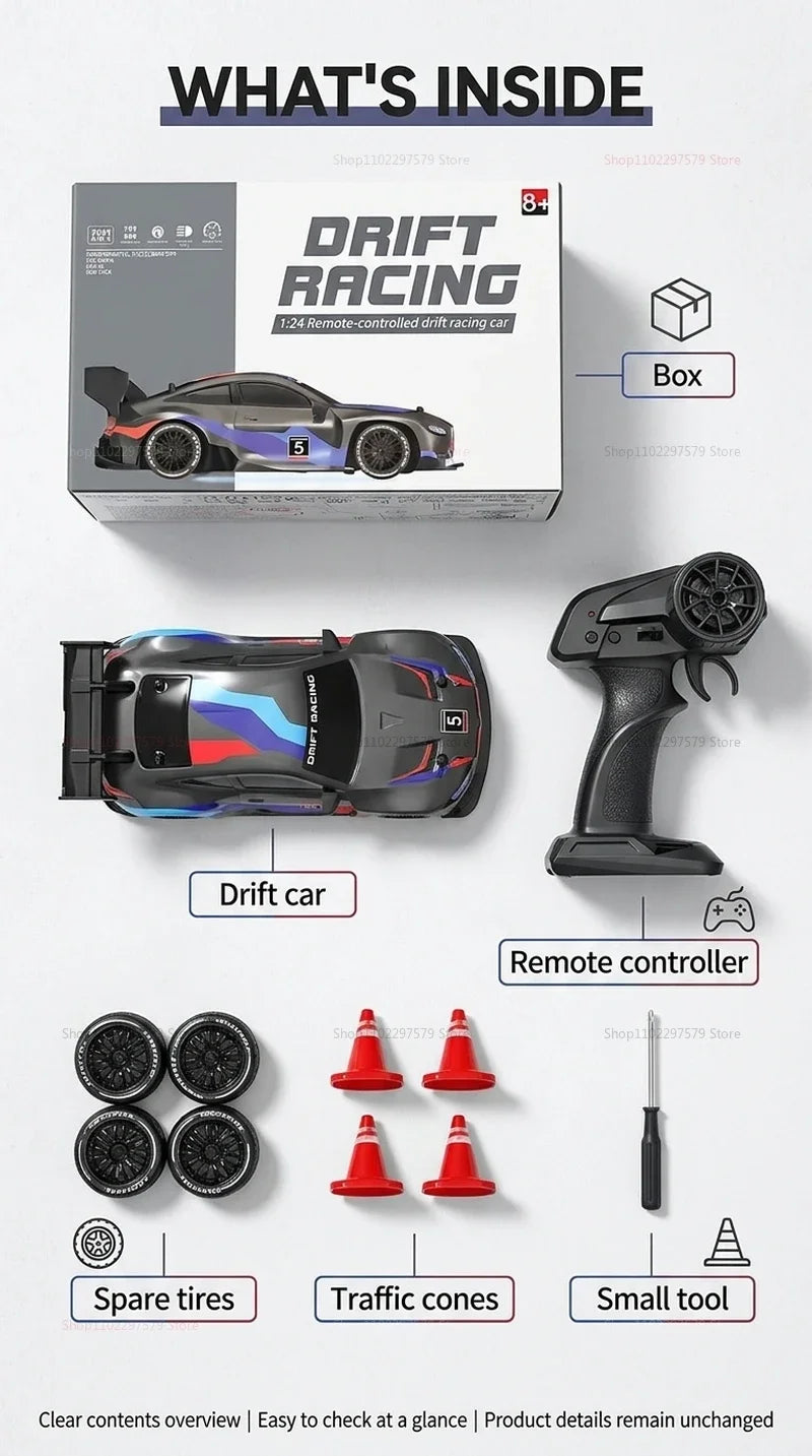 RC drift cars for kids contents overview box including drift car, remote controller, spare tires, traffic cones, and small tool.