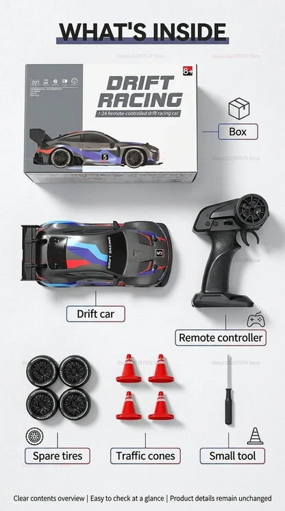 RC drift cars for kids contents overview box including drift car, remote controller, spare tires, traffic cones, and small tool.