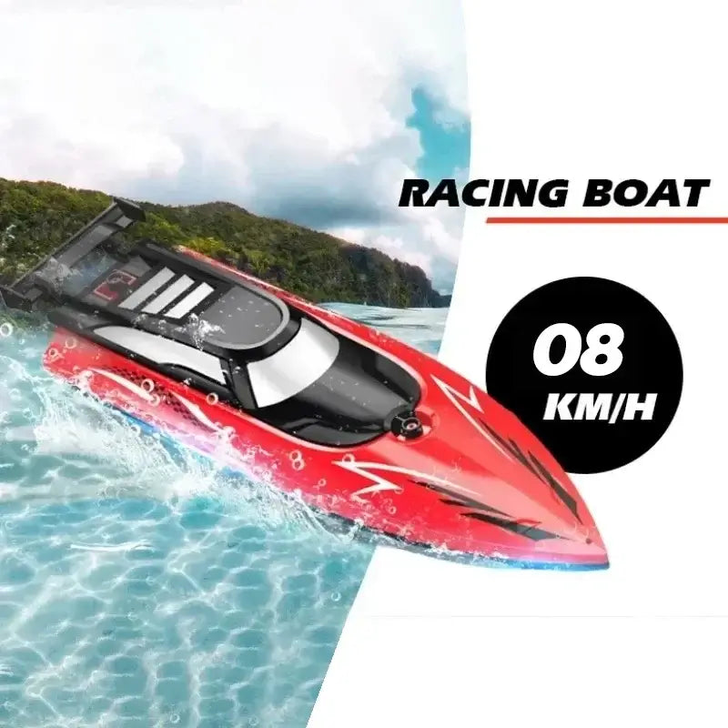 RC Boat With LED Lights racing on water, showcasing speed of 08 KM/H, perfect for kids' outdoor fun.