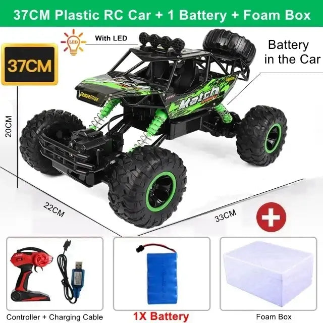 RC Car Remote Control Climbing Vehicle with accessories including battery and foam box for outdoor adventures.