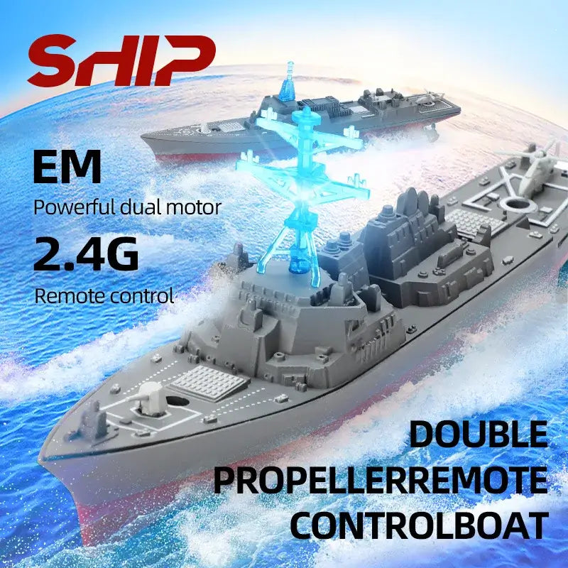High-Speed Remote Control Ship Grey Simulation Warship with dual motor and remote control features.