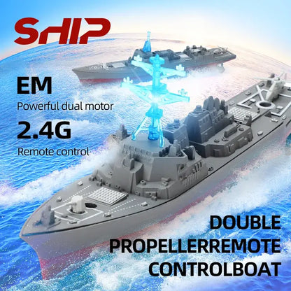 High-Speed Remote Control Ship Grey Simulation Warship with dual motor and remote control features.