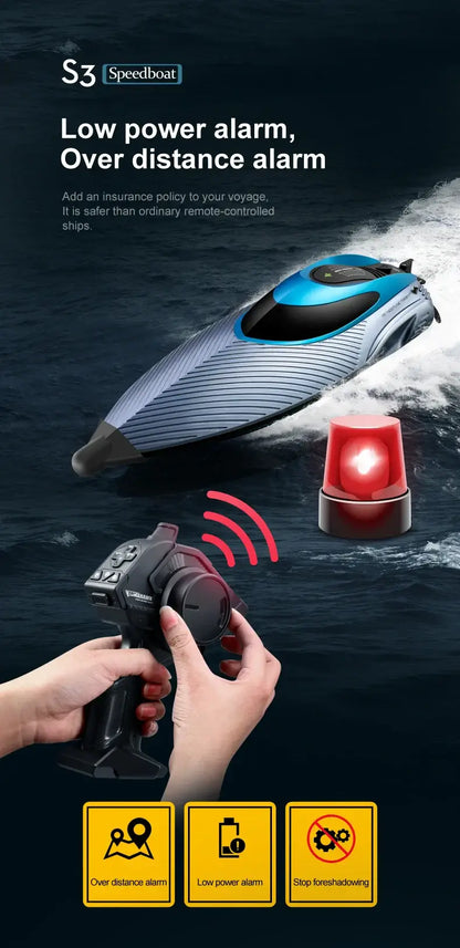 S3 Remote Control Boat with low power alarm and over distance features, ideal for water play and remote controlling.