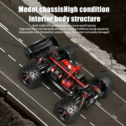 85 kmh RC Car showing high condition interior body structure and detailed model chassis on a road.