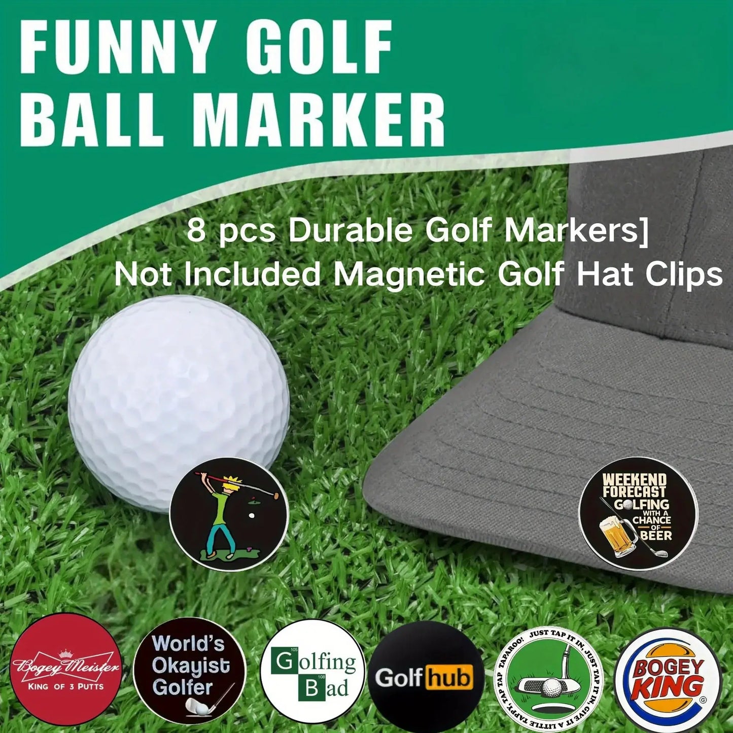 8 counts Funny Happy Gilmore Golf Ball Marker Sets displayed with a golf ball and a cap on grass.