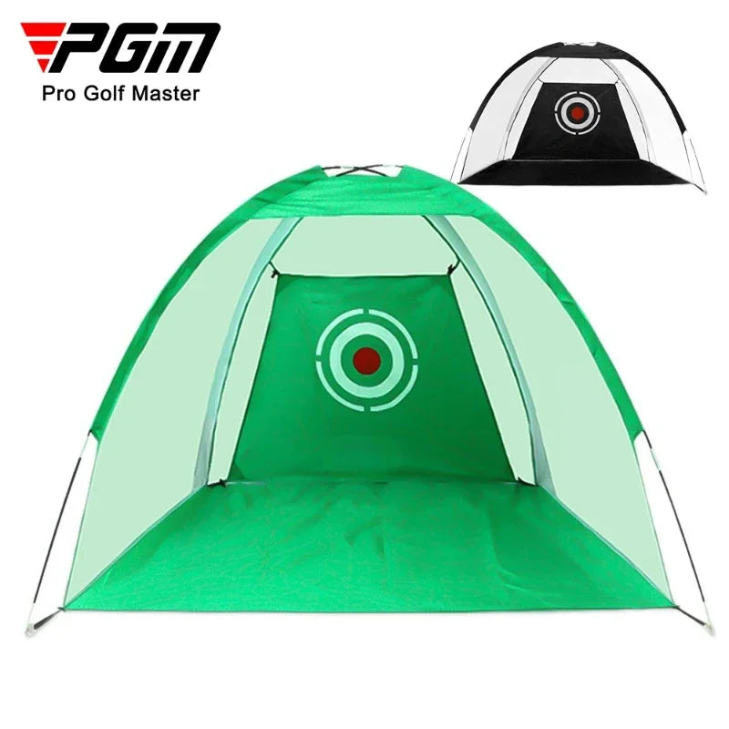 Indoor golf practice net showcasing a green golf hitting tent with target logo for effective indoor training.
