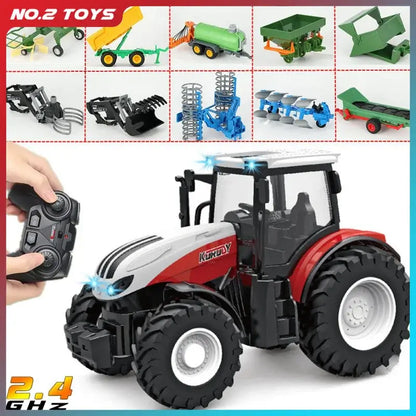 Remote Control Tractor RC Farmer Car Toys Set featuring detailed tractor design and remote controller in use.