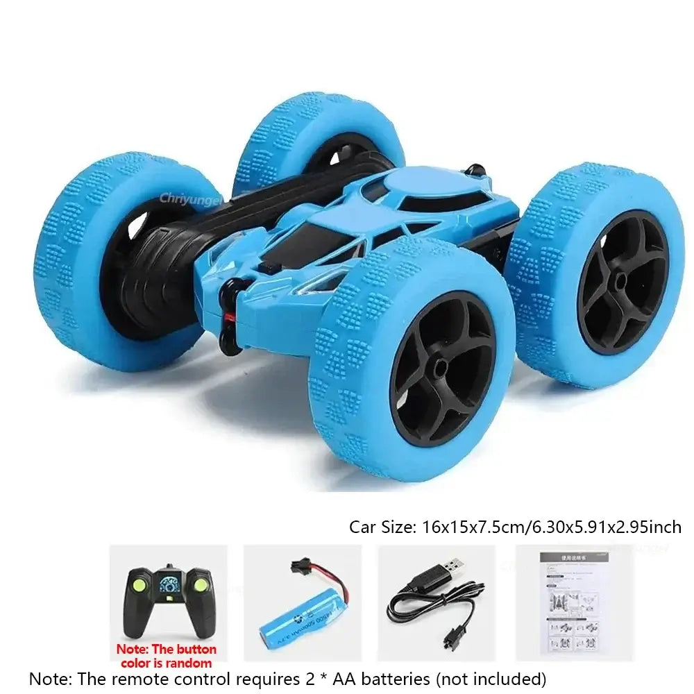 RC Stunt Car Children Double Sided in vibrant blue color showcasing double-sided flip capabilities and robust design.